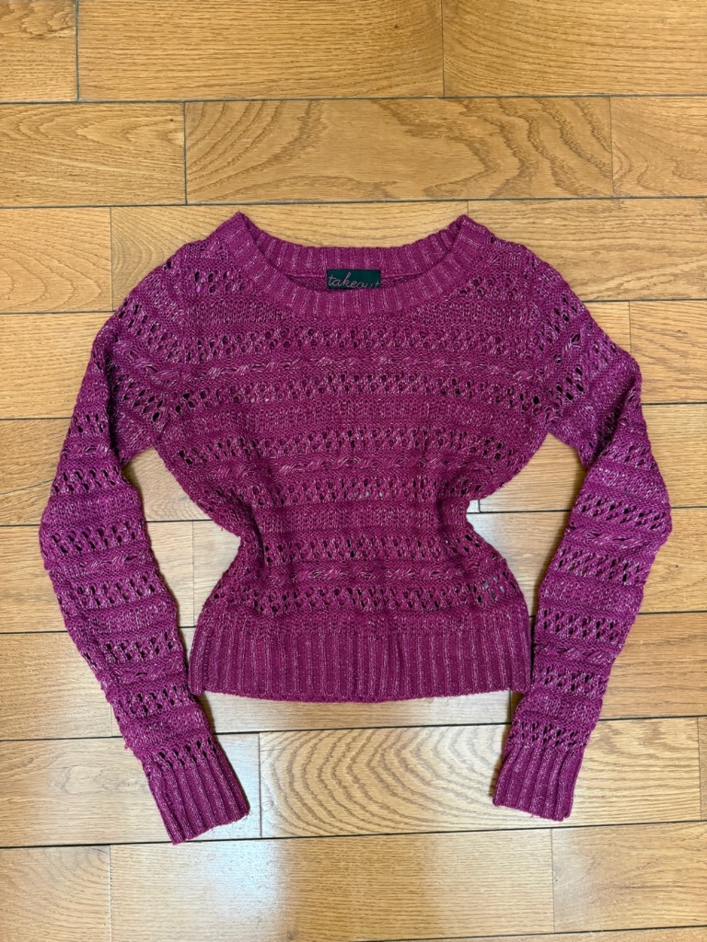 Takeout Open-Knit Crewneck Sweater in Magenta